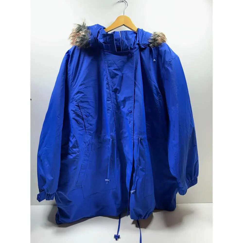 Woman Within Plus Sz Parka Sz 5X 38/40 Blue Full Zip Faux Fur Hood Quilted Liner